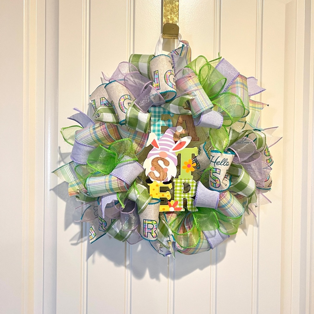 13” Ribbon Wreath "EASTER " Gnome Sign Hello Spring Handmade MW7 - Picture 10 of 11
